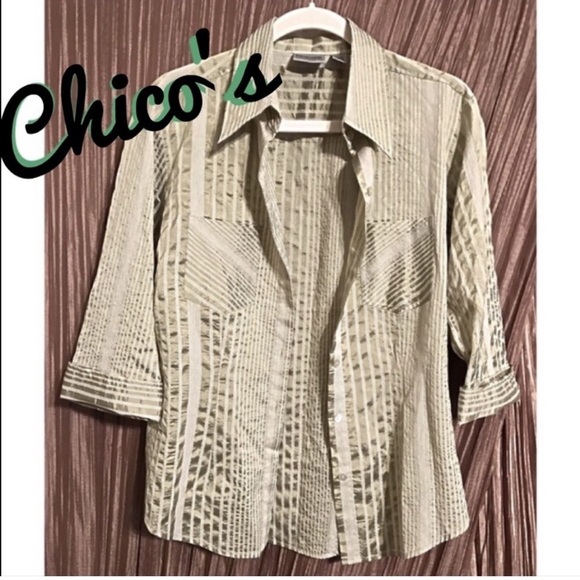 Chico’s Silk Blend Pinstriped Top Shirt Button Up Blouse 1 Small 8 Green - Picture 6 of 6